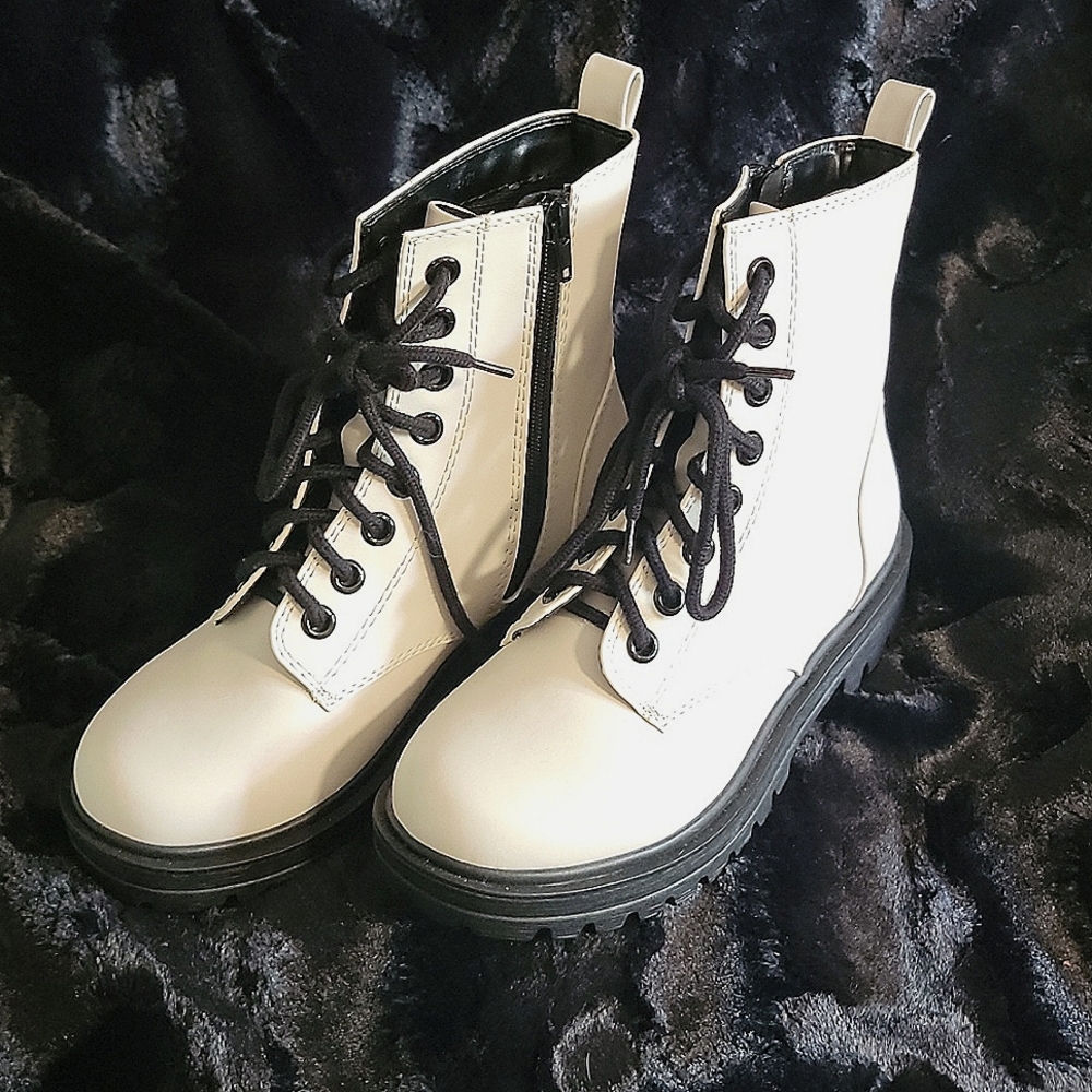 White faux leather combat boots